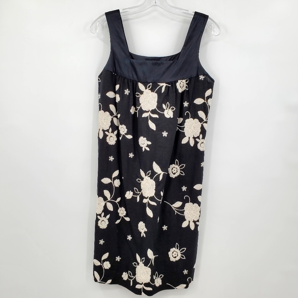 Karen Kane Linen Blend Black White Floral Embroidered Dress